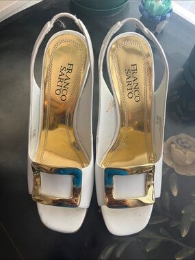 Franco Sarto White Slingback Wedges with Gold Buckle